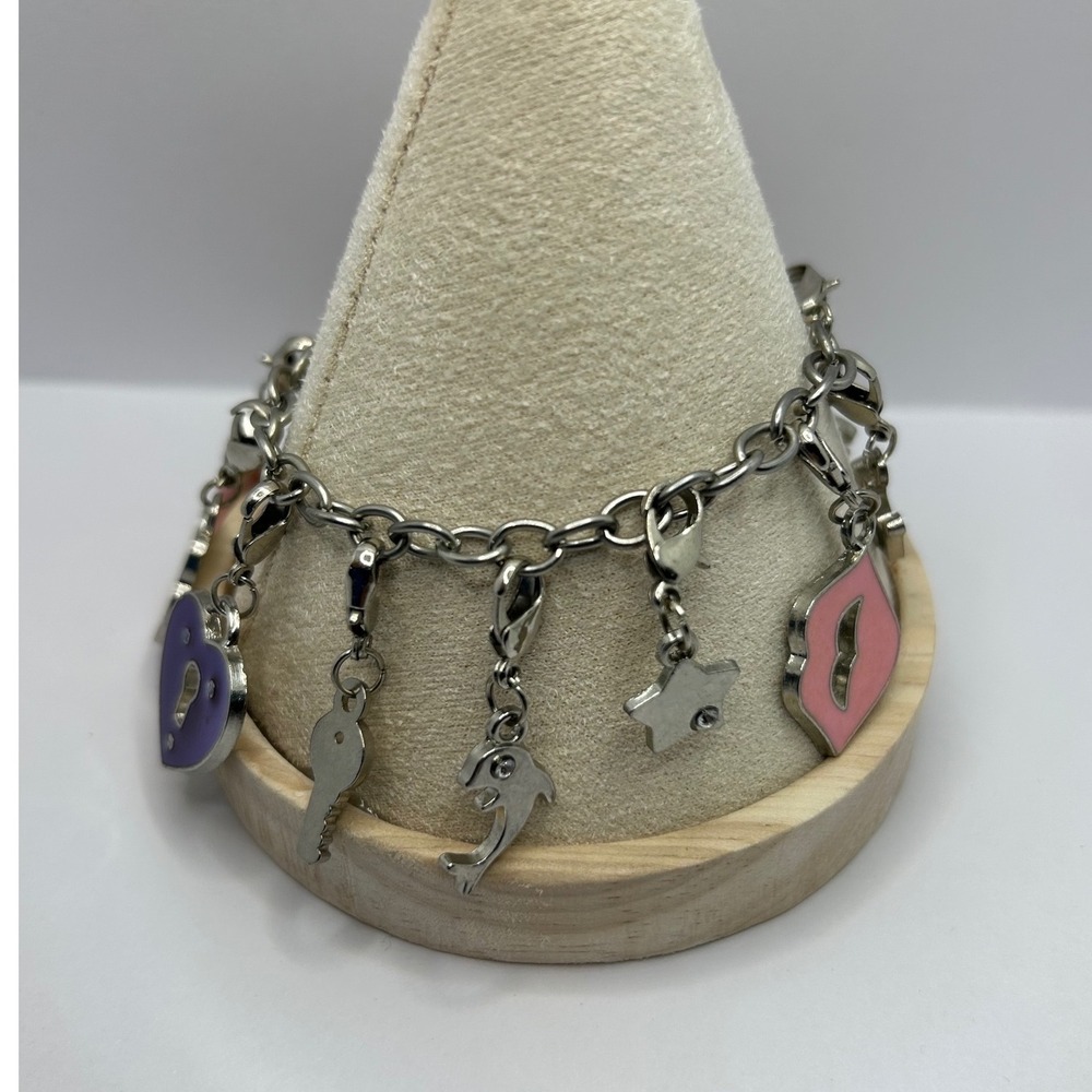 Charm Bracelet Silver Pink Y2K Enamel‎ Eclectic Dolphin Butterfly Boot 6.5